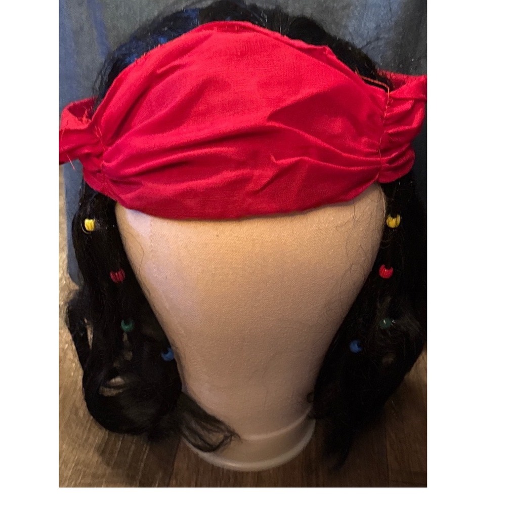 Pirate Wig Wavy Black Hair Beaded Bandana Cosplay Adult Halloween Costume NWOT